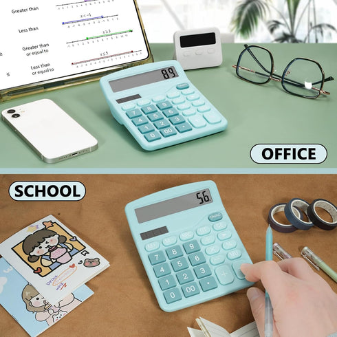 Cute Light Blue Desktop Calculator with Large Display Screen, Dual Power Source, Solar and Battery - Perfect for