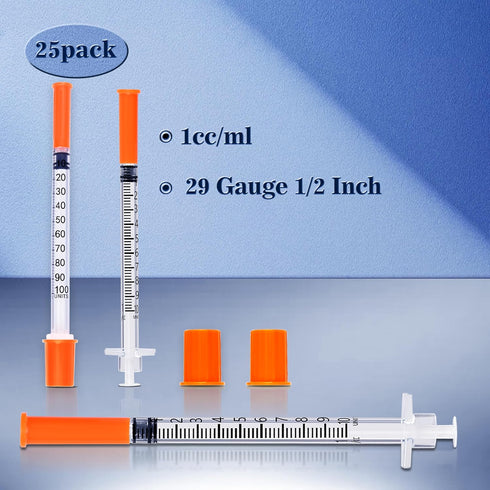 1ML 29G 1/2 Inch Syringe, U-100 Individually Wrapped, Pack of 25