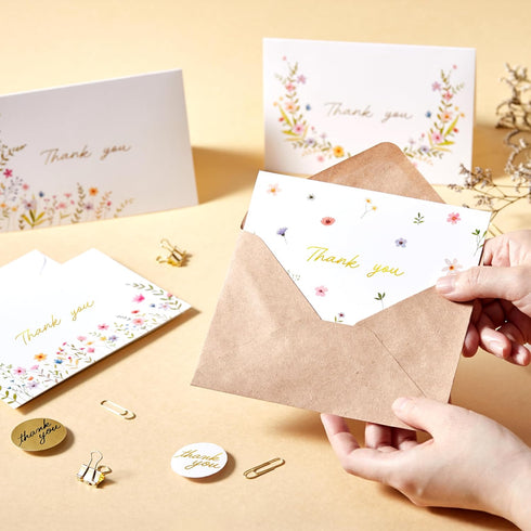 WarmPress Creative 100 Pack 4x6 300GSM Set Thank You Cards with Envelopes Bulk - Gold Foil Floral Blank Notes