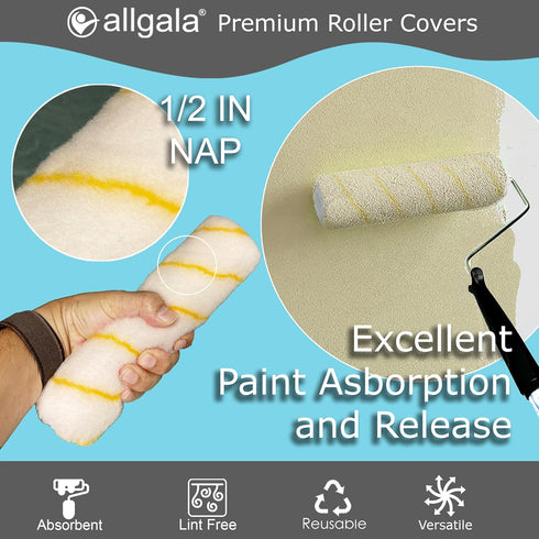24 Pack 9 Inch 1/2 Allgala Paint Roller Covers, Shedless Lint Free Painter Roller Covers in Roller Naps for Paint