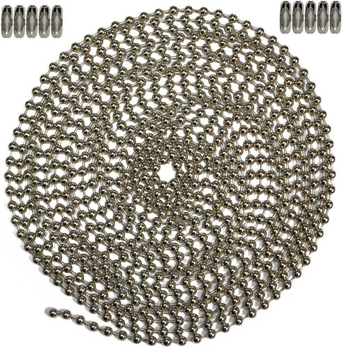 10 Foot Length Ball Chain - Number 6 Size, Nickel Plated Steel & 10 Matching Connectors