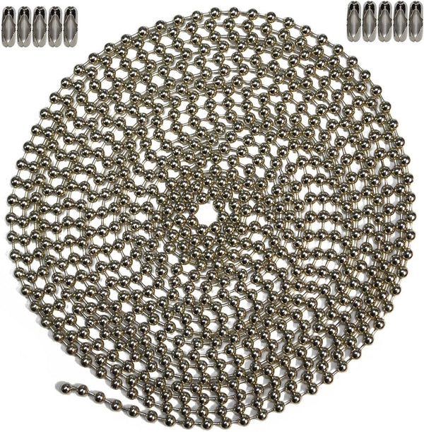 10 Foot Length Ball Chain - Number 6 Size, Nickel Plated Steel & 10 Matching Connectors