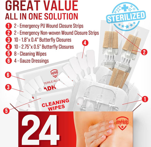24pk 3 Emergency Wound Closure Strips - - Types Easy to Use Butterfly Bandages - Stitchless & Painless Laceration