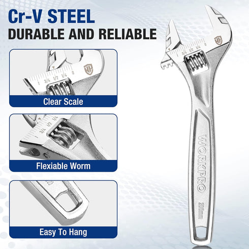 WORKPRO Adjustable Wrench, 8-inch Heavy Duty Spanner with Inch/Metric Scale, Chrome Plated Cr-V Steel