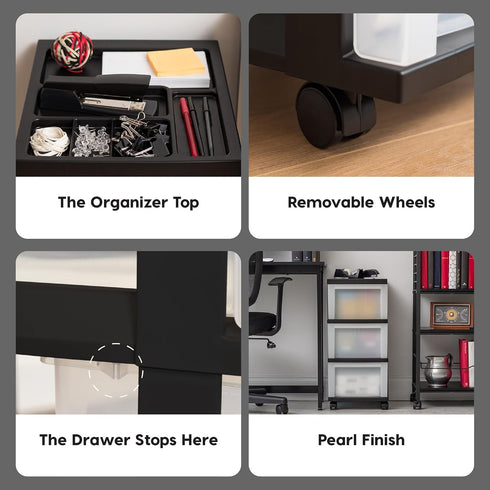 IRIS USA Plastic Drawer Storage Organizer Rolling Cart, 3-Drawers with Wheels for Classroom, Bathroom, Bedroom