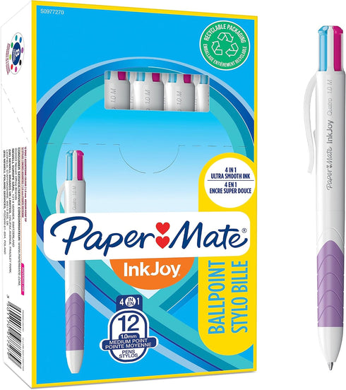 Paper Mate InkJoy Quatro 4-Colour Ballpoint Pen, Assorted Fun Colours, Medium Point (1.0mm), 12 Count