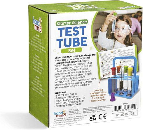 hand2mind Starter Science Test Tube Set, Flat Bottom Test Tubes with Rack, Science Supplies for Kids (Six Tubes)