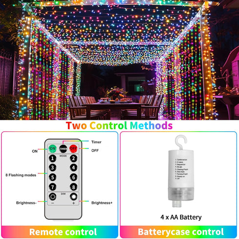 10x10Ft 300LED 8 Dimmable Curtain Lights Battery Operated Waterproof Waterfall Light with Modes Remote Timer Memory