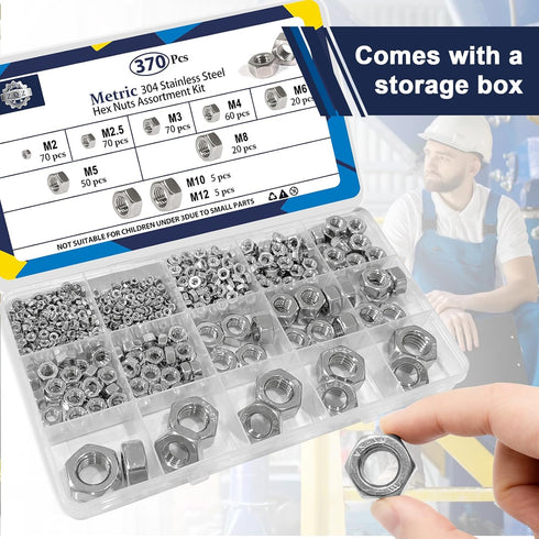 ZQZ 370 M2 M2.5 M3 M4 M5 M6 M8 M10 M12, 304 Set Pcs Metric Hex Nuts Assortment Kit, Stainless Steel Assorted Hex Nuts