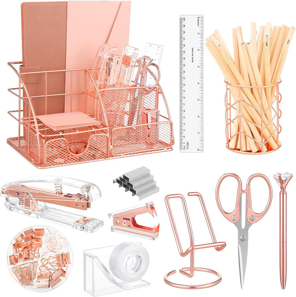 Rose Gold Office Supplies, Mesh Desk Organizers with Tape Holder, Stapler, Pen Holder, and More for Office
