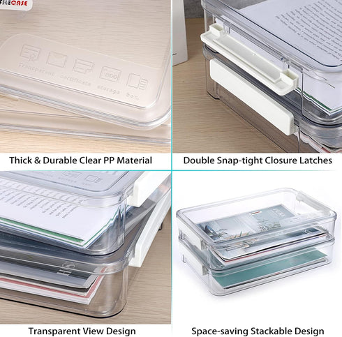 BTSKY 2 Pack Clear Plastic Stackable Storage Box, Portable Document Holder for 8.5 x 13 Letter A4 Files