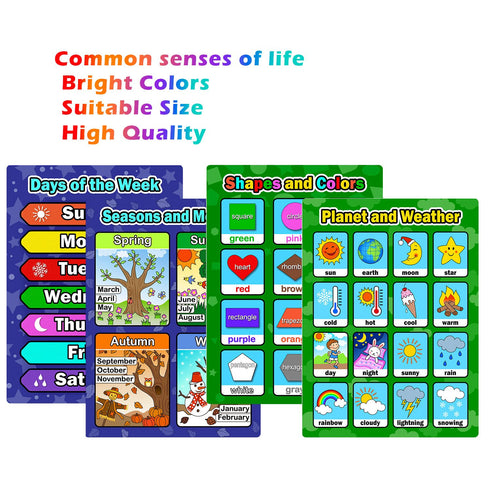 Bememo 4 Educational Learning Posters for Toddlers - Days of The Week, Shapes, Seasons, Weather
