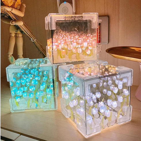 C&M 21 LED Tulip Night Light, Decorative Table Lamp with Mirror, Flowers, Handmade DIY Magic Cube Design (Blue)