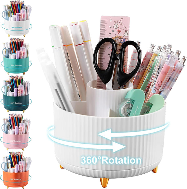 Pencil Holder for Desk, 5 Slots 360° Degree Rotating Organizer for Office, School, Home, Cute Pencil Cup, White