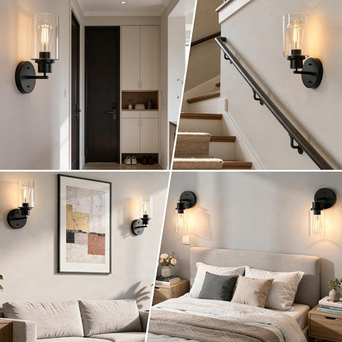 1-Light Black Bathroom Wall Sconce with Clear Glass Shade, Modern Vanity Light Fixture Over Mirror for Bathroom