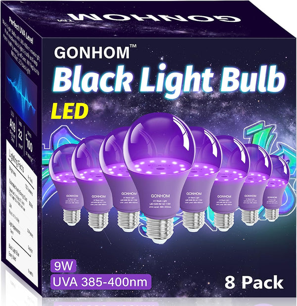 8 Pack A19 Dimmable Black Light Bulbs, 9W (100W Equivalent), E26 Base, UVA 385-400nm, Glow in The Dark for Parties