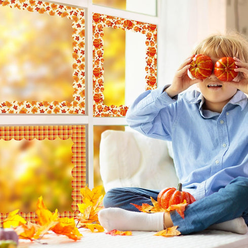 Whaline 131.2ft Fall Bulletin Board Borders, Pumpkin Maple Leaf Plaid Die-Cut Trim for Autumn Thanksgiving Decoration
