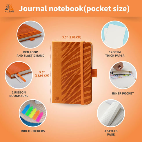 HUSAN Journal Notebook, Pocket Size for Women and Men, Leather Hardcover, Lined Grid, 128 Pages, 3.5" x 5.5", Burnt
