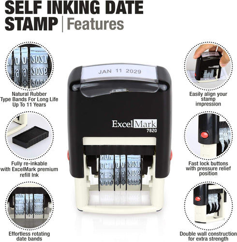ExcelMark 7820 Self-Inking Rubber Date Stamp - Great for Shipping, Receiving, Expiration Dates (Black Ink)
