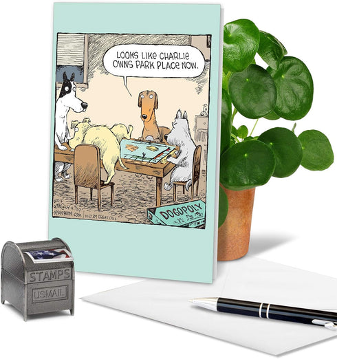 NobleWorks Funny Puppies Birthday Card with Envelope - 1 Humor Notecard for Birthday Greetings, Dogopoly C3986BDG