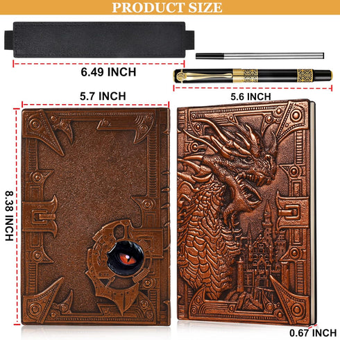 DND Dragon Notebook 3D Embossed Leather Journal A5 Vintage Travel Journal with Pen&Pen Sleeve,D&D Handmade Daily Diary Lined Writing Notebook for Men&Women(Red Dragon) by JiaoJiRen