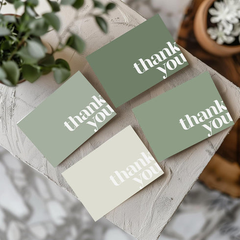 Pack 40 5x3.5 Inches Paper Play Thank You Cards Bulk of Green, with Matching Stickers & Envelopes, Minimalistic Design