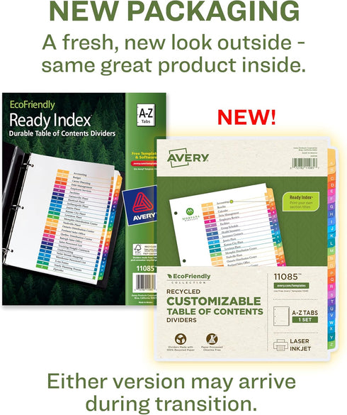 Avery EcoFriendly Recycled Dividers for 3 Ring Binders, A-Z Multicolor, 26 Tabs, 1 Set (11085)