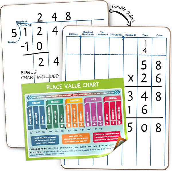 SCRIBBLEDO 9 x 12 Inch Dry Erase Division & Place Value White Board, Double-Sided Math Manipulatives