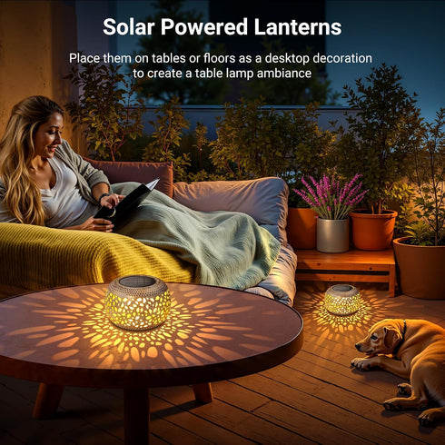 2 Pack Solar Table Lanterns Outdoor Waterproof: LED Lamps for Patio - White Hollow-Out Metal Retro Solar Light Decor