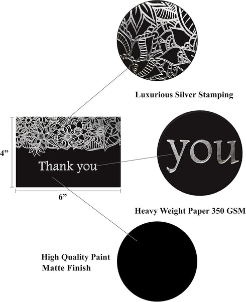 T&M Quality Designs LLC 120 6 4x6 Inches Elegant Thank You Cards in Black with Matching Black Envelopes and Sealing