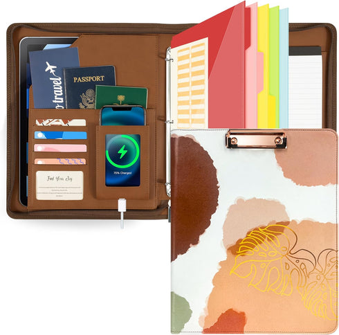 Ospelelf Leather Portfolio Folder | 3 Ring Binder with Storage Clipboard | Fits Letter Size Paper | Faux Abstract