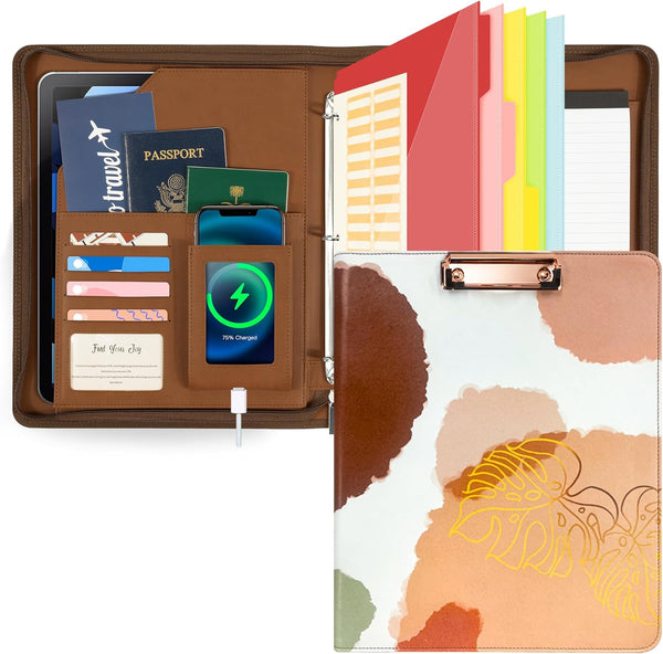 Ospelelf Leather Portfolio Folder | 3 Ring Binder with Storage Clipboard | Fits Letter Size Paper | Faux Abstract