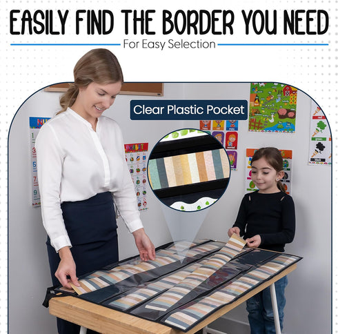 Pack of 2 Bulletin Board Border Storage - Black, 37.5" x 23.8" Pocket Charts for Easy Organization, Portable Box