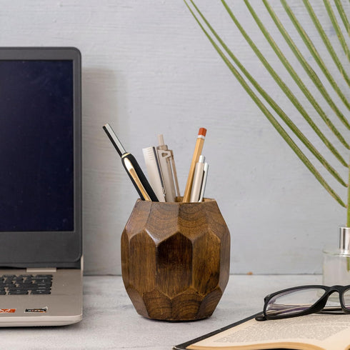 Mie Creations Geometric Pen Holder for Desk, Wooden Cute Pretty Desktop Organizer for Makeup Brushes