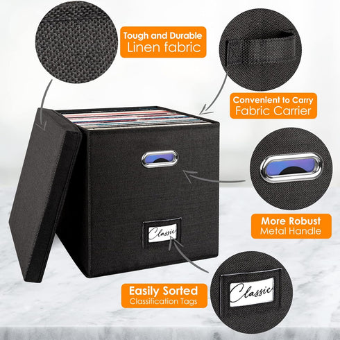 Vinyl Record Storage Box for 50+ Single LPs, Stackable Albums Linen Crate with Lid, Collapsible Document Organizer