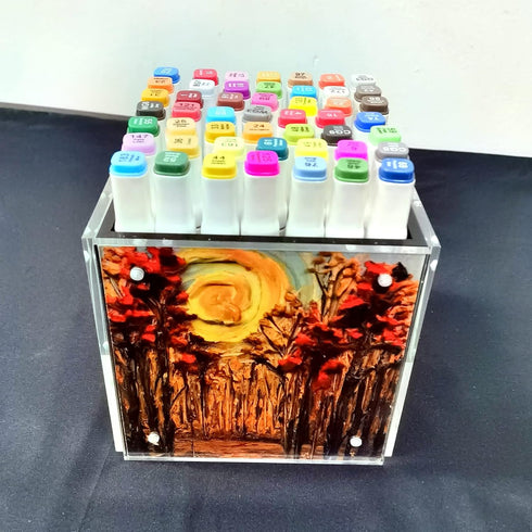 HESIN Acrylic Photo Block Cube Pen Holder, 4-Side Desktop Storage Organizer for Office, Home, Kids, 5" x 5" Photo Frame