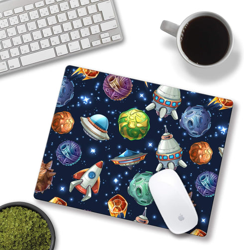 Kids Mouse Pad - Comic Space Design with Planets and Spaceships, Personalized Mouse Mat for Office