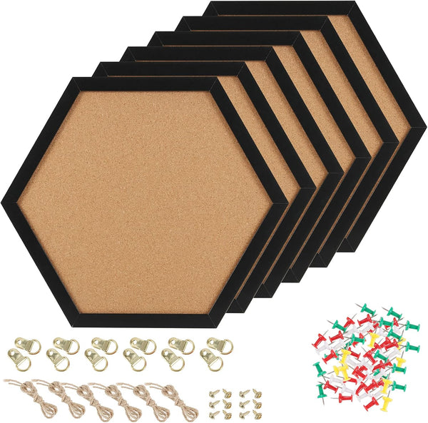 HAKZEON 6 Pack Hexagon Cork Board: 12"x12" Black Framed Decorative Bulletin Board with 48 Push Pins