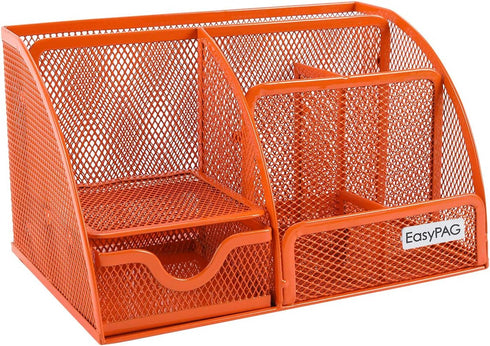 EasyPAG Desk Organizer Mesh Desktop Office Supplies Multi-functional Caddy Pen Holder Stationery with 6 Compartments and 1 Drawer for Office, Home, School, Classroom, Orange by EasyPAG