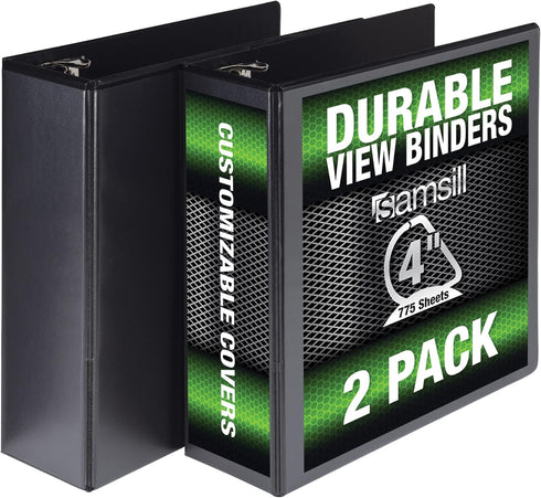 Samsill Durable 4 Inch Binder, Locking D Ring, Customizable Clear View, Black, 2 Pack, Holds 775 Pages, Made in the USA