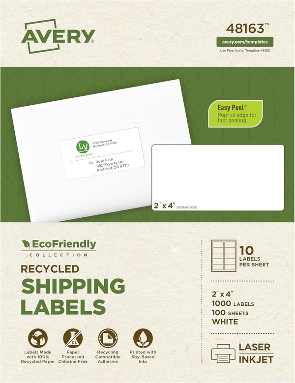 Avery EcoFriendly Recycled Shipping Labels, 2" x 4", White, 1,000 Total for Shipping and Mailing