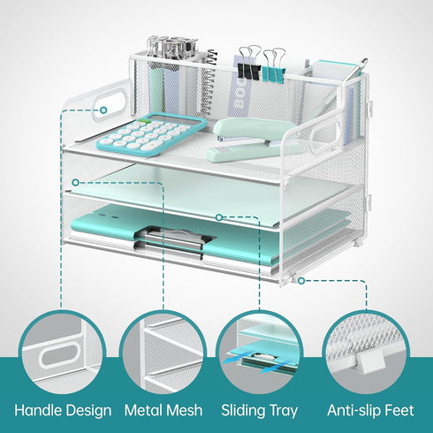 SUPEASY 3 Tier Desk Organizer - White Mesh Paper/File Organizer with Handle & 3 Pen Holders for Office Supplies