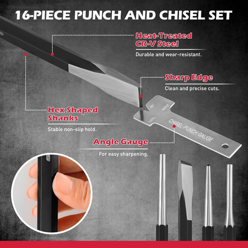 25-Piece Set Punch and Chisel with Roll Pin Punches, Includes Taper, Pin, Center Punches & Cold Chisels