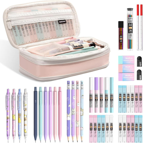 Nicpro 47PCS Aesthetic School Supplies in Big Capacity Pen Case, Cute Pastel Mechanical Pencils 0.5, 0.7, 0.9 & 2mm Lead
