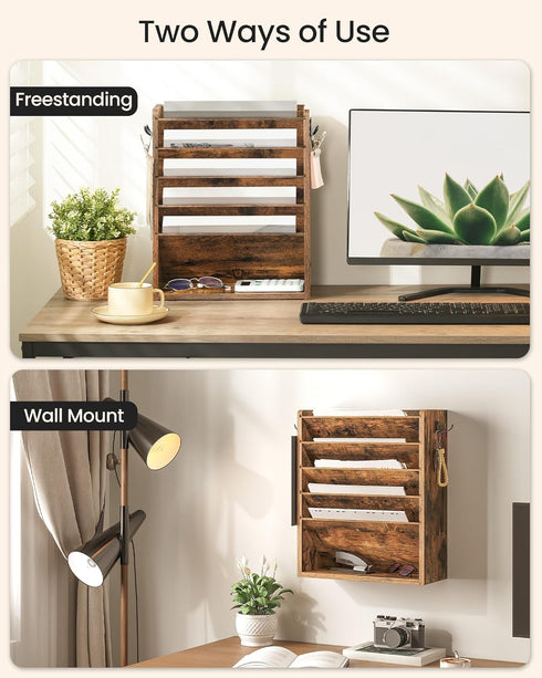 Wall File Organizer, 6-Tier Vertical Mount Hanging Holder with Vintage Wooden Magazine Storage Crate