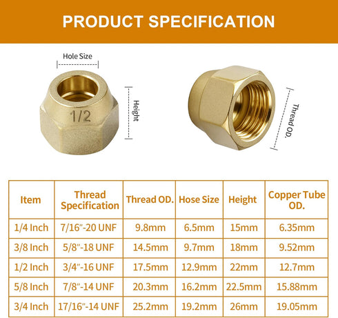 A.I.FORCE Set 45 (3/8", 5 Pack) Premium Brass Flare Nut - SAE Flare Tube Fittings for Air Conditioning & Copper Pipe