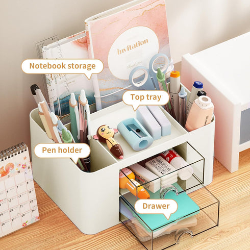 Marbrasse Pen Organizer with 2 Drawers, Multi-Functional Holder for Desk, 5 Compartments + Drawer for Office