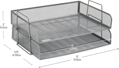 Mind Reader 2 Pcs. Stackable Paper Tray, Metal Mesh Desktop Organizer for File Storage, 14" L x 9.75" W x 6" H, Silver