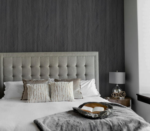 15.7"X118" Black Wood Wallpaper, Peel and Stick Fishbone Textured Contact Paper for Cabinet Decoration
