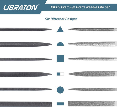 LIBRATON Small File Set - 13PCS Needle Diamond Files for Precision Metal Work, Wood, Plastic Carving Tool